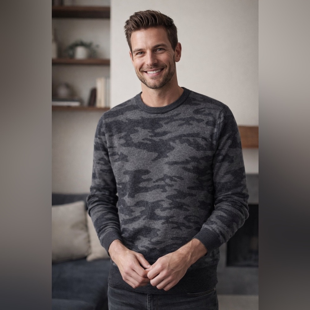 Express Men’s 100% Cotton Gray Camo Sweater – Size Medium